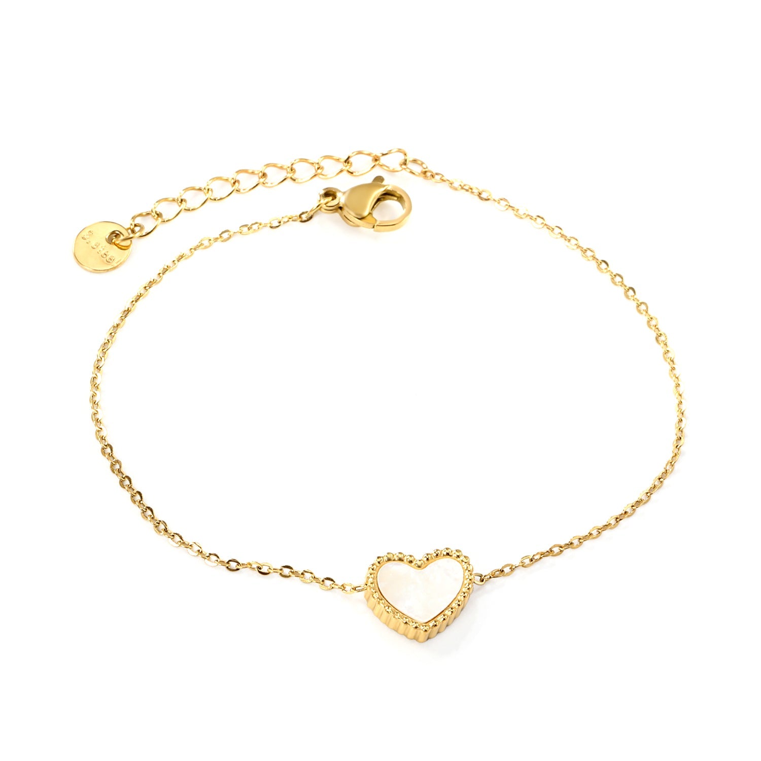 10.7*9.7mm bead edge heart shape with white shells accessories bracelet 17+3cm+6mm round end tag gold color asonjewelry